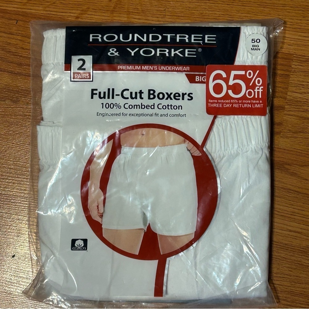 Roundtree & Yorke Boxers Big Man Size 50 Full-Cut 100% Combed Cotton White NEW